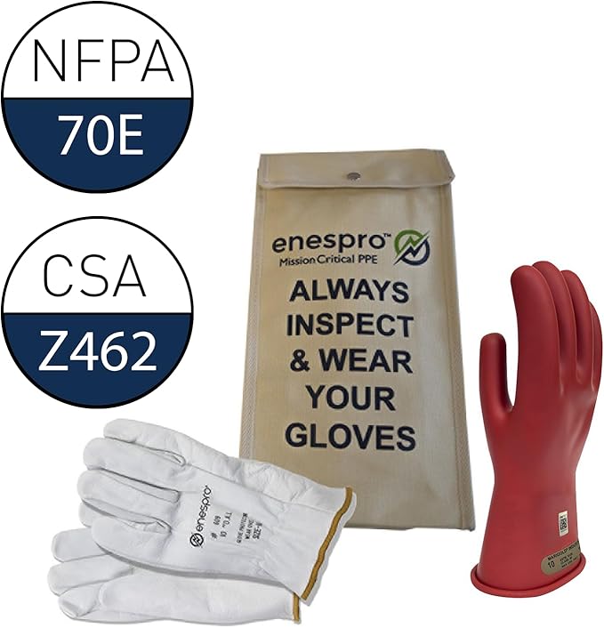 Enespro Class 00 Red Rubber Voltage Insulating Glove Kit with Leather Protectors, Max. Use Voltage 500V AC/ 750V DC (KITGC00R08)