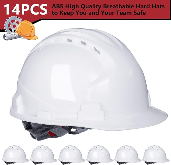 Leumoi 14 Pieces 4 Pt. Suspension Hard Hat Bulk Safety Helmets ABS Construction Hardhats Adjustable Ratchet Hard Hats with Vents and Cotton Brow Pad for Men Work Head Protection Supplies