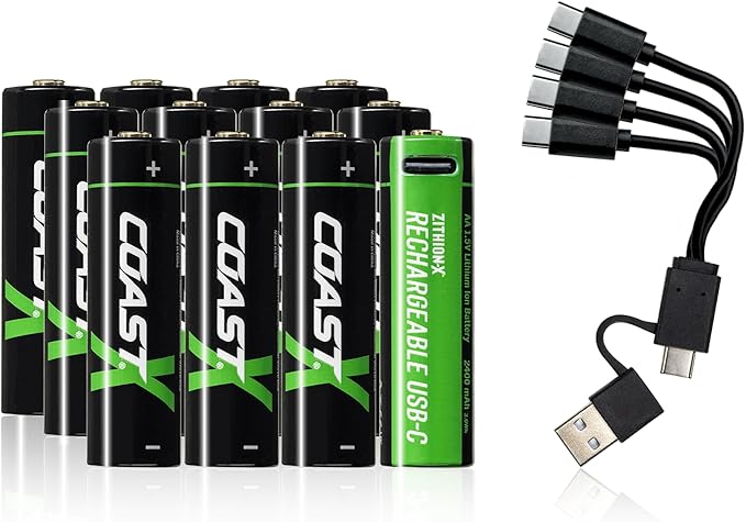 Coast AA USB-C Rechargeable Batteries, ZITHION-X, Lithium Ion 1.5v 2400 mAh, Long Lasting, Charges Under 2.5 Hours, Charging Cable Included, 12-Battery Pack