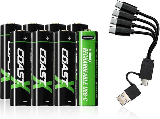 Coast AA USB-C Rechargeable Batteries, ZITHION-X, Lithium Ion 1.5v 2400 mAh, Long Lasting, Charges Under 2.5 Hours, Charging Cable Included, 8-Battery Pack