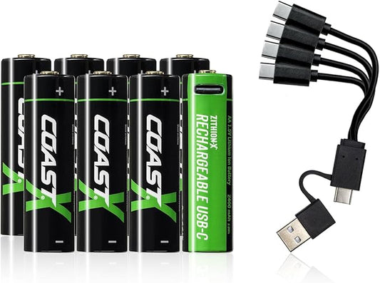 Coast AA USB-C Rechargeable Batteries, ZITHION-X, Lithium Ion 1.5v 2400 mAh, Long Lasting, Charges Under 2.5 Hours, Charging Cable Included, 8-Battery Pack