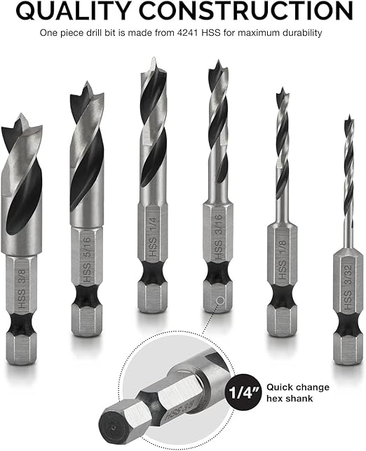 NEIKO 11401A 6 Piece Brad Point Drill Bit Set, Stubby Drill Bit Set for Wood, 1/4" Quick Change Hex Shank, HSS 4241 High Speed Steel for Quick Change Chucks and Drives, Drill Bit Holder Included