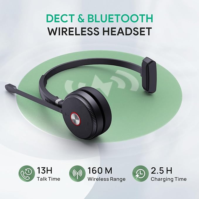 Yealink WH66 Wireless Headset with 4" Screen, DECT & Bluetooth Headset for Teams, Zoom Skype Certified, 525ft Range,Speaker, 13h Call Time, Office Work Headphone for Desk Phone, PC, Cellphone