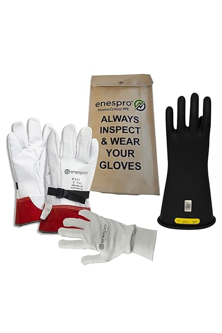 Class 2 Black Rubber Voltage Insulating Glove Premium Kit with FR Knit Glove and Leather Protectors, Max. Use Voltage 17,000V AC/ 25,500V DC (KITGC208AG)