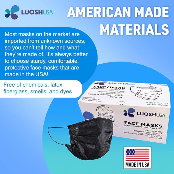 Face Masks Disposable Made in USA, 3 Ply Disposable Masks 50pcs,Adult Mask, Kids Mask, Black Masks, White Masks