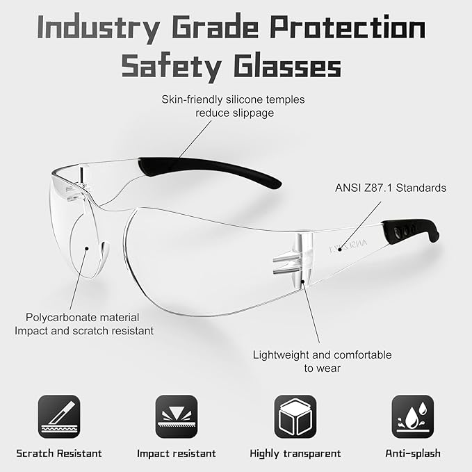 Clear Safety Glasses Bulk of 12,ANSI Z87.1 Impact Resistant Lens Eye Protection for Lab,Construction