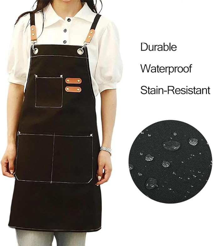 EUDOLAH Chef Aprons for Women Men with Large Pockets Cooking Aprons Canvas Cross Back Water Repellent Work Apron