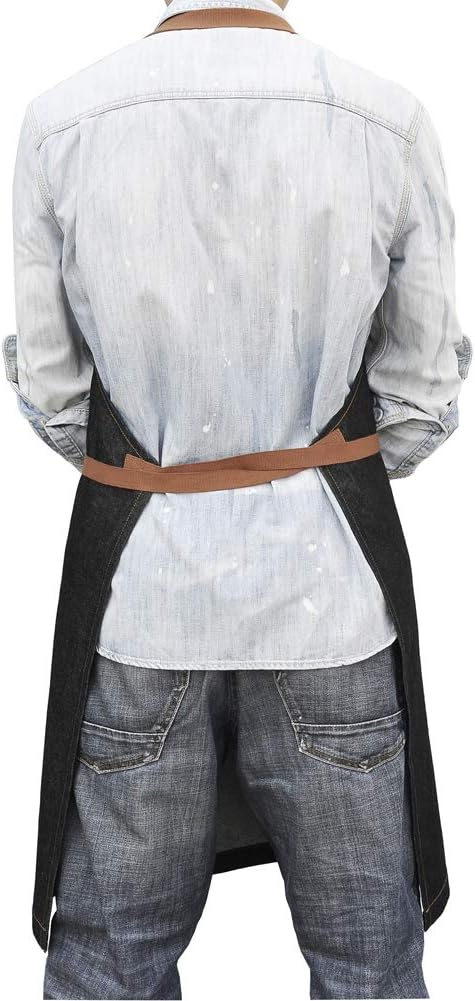 Denim Kitchen Apron with Pockets, Mens Womens Professional Chef Bib Apron for Cooking Grill BBQ Server