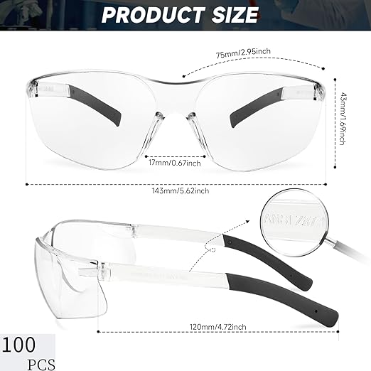 Safety Glasses Bulk of 100 ANSI Z87.1 Protective Eyewear Scratch-Resistant for Work, Lab, Construction