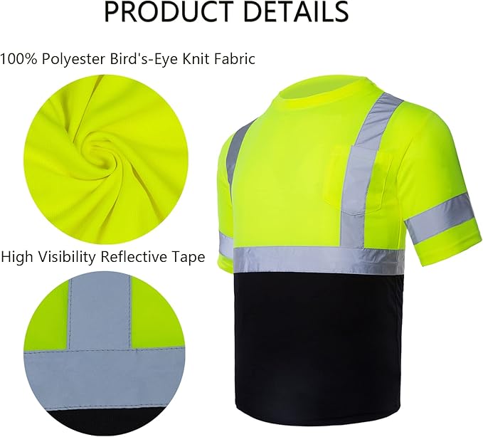 VENDACE Men's High Vis Class 3 Safety T Shirt ANSI Reflective Work Short Sleeve Shirt with Black Bottom(Yellow,4XL)