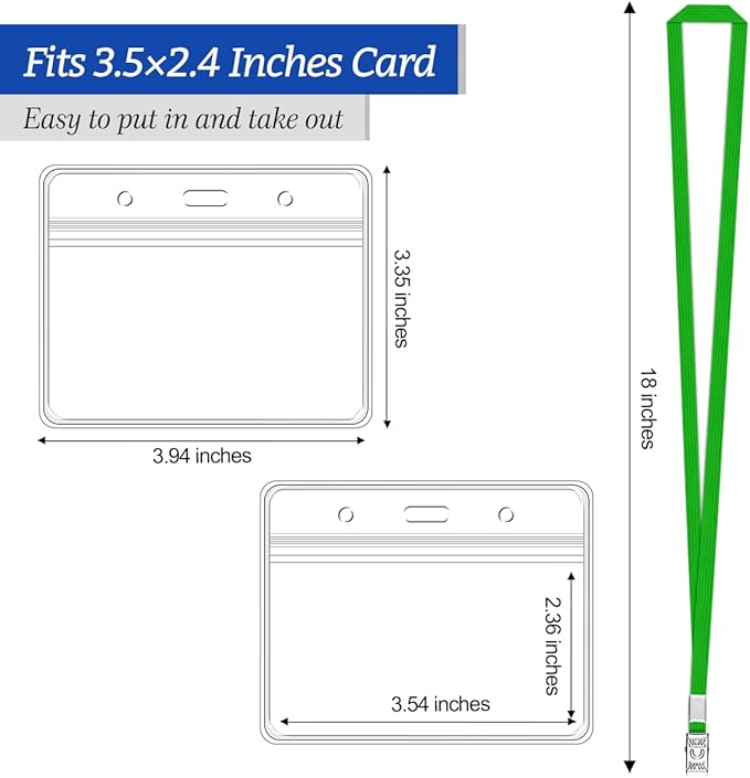 Clear Horizontal Badge ID Card and Lanyard, Reusable Lanyards for Id Badge Holder Name Tag Badge Holder with Lanyards for Adults Kids Business School Conferences (Green)