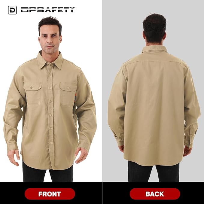 FR Shirt 7oz Fire Resistant Shirts Men's,CAT2 Welding Shirt 100% Cotton Flame Resistant Shirts Khaki (5X-Large)