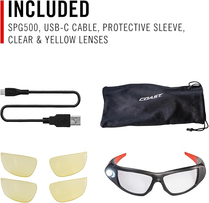 CoastSPG500 Rechargeable Lighted LED SafetyGlasses,Bulls-Eye Spot Beam,ANSI Z87Standards, 2Scratch Resistant Lenses (Clear,Yellow) Included, UVProtection, Protective Carrying Case Included (Black/Red)