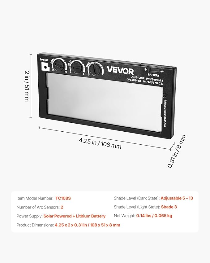 VEVOR Auto Darkening Welding Lens 4.25" x 2", Shade 5-13 Adjustable True Color Welding Lens with Dual Arc Sensors & Gold Coating, Compatible with Most Welding Helmets for TIG, MIG, MMA Applications