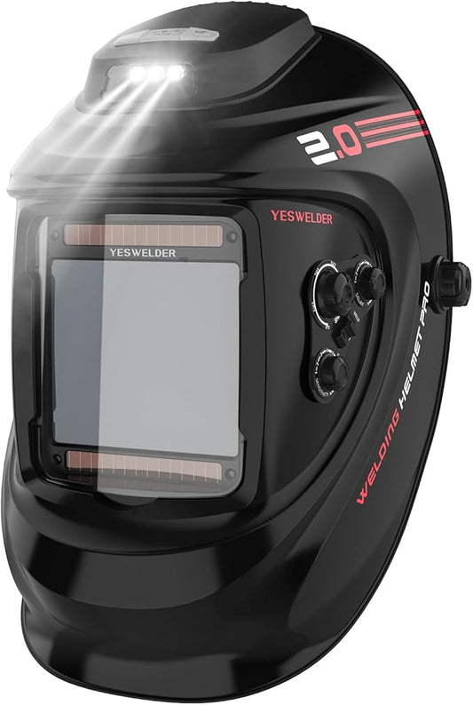 YESWELDER Auto Darkening Welding Helmet with Rechargeable Fan and Light, 3.93"X3.66"Large View 1/1/1/1 True Color 4 Arc Sensor Solar Powered Welding Hood, 3/5-9/9-13 Wide Shade Weld Mask LYG-30800H