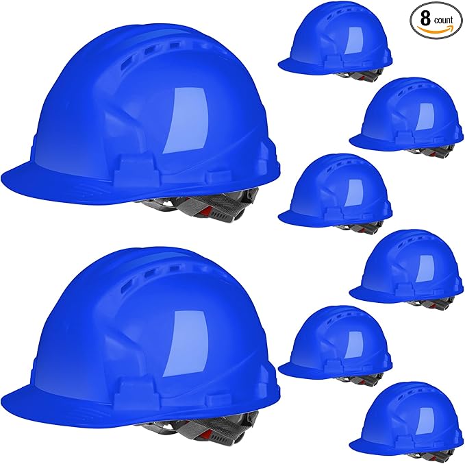 Leumoi 8 Pieces 4 Pt. Suspension Hard Hat Bulk Safety Helmets Adjustable Ratchet Hard Hats with Vents and Cotton Brow Pad ABS Construction Hardhats for Men Work Head Protection Supplies
