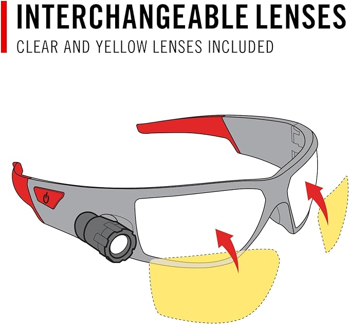 CoastSPG500 Rechargeable Lighted LED SafetyGlasses,Bulls-Eye Spot Beam,ANSI Z87Standards, 2Scratch Resistant Lenses (Clear,Yellow) Included, UVProtection, Protective Carrying Case Included (Black/Red)
