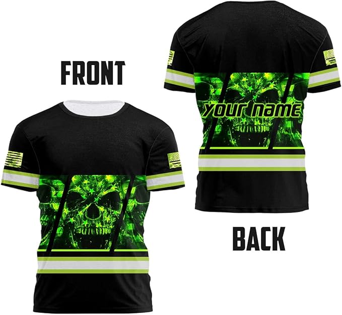 Matedecor Skull High Visibility Shirt Men Reflective Safety Shirts US Flag Custom Name Workwear, Runners, Walkers, Patriotic