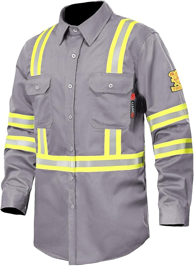 FR Shirts for Men 7oz High Visibility Fire Resistant Shirts NFPA CAT2 Welding Shirt 100% Cotton Hi Vis Flame Resistant Shirt Light Gray(5X-Large)