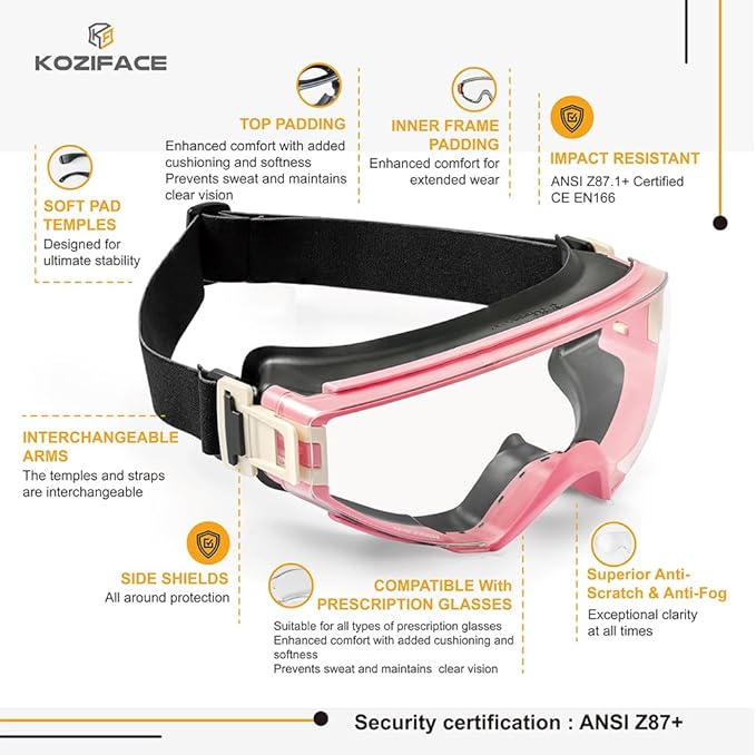 KOZIFACE S60 Safety Goggles, Anti-Fog Full-Seal Protective Eyewear with Strap & Arms, ANSI Z87.1+ Certified