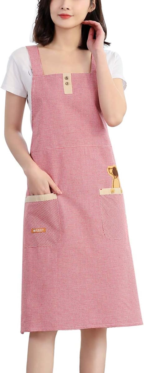 NEWGEM Lovely Cooking Apron for Women with Pockets Cotton Fabric Full Length Red Plaid
