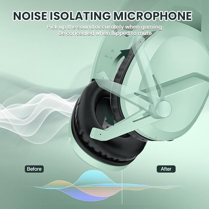 Wireless Gaming Headset with Noise Canceling Microphone for PS5, PC, PS4, 2.4G/Bluetooth Gaming Headphones with USB and Type-c Connector, Wired Mode for Controller (Green)
