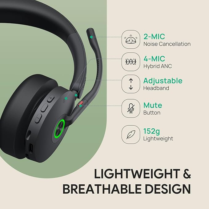 Yealink BH74 ANC Wireless Bluetooth Headset with Mic for Work, 6-mics Hybrid ANC Tech, Microsoft Teams Premium Open Ofﬁce Certified Headsets, up to 32h Talking Battery Life, Zoom Certified