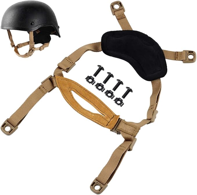 Helmet Chin Strap 4 Points for Tactical Fast/MICH/IBH Kevlar Bump Helmets Helmet Scrim, X-Nape Suspension System with Bolts and Screws Tan