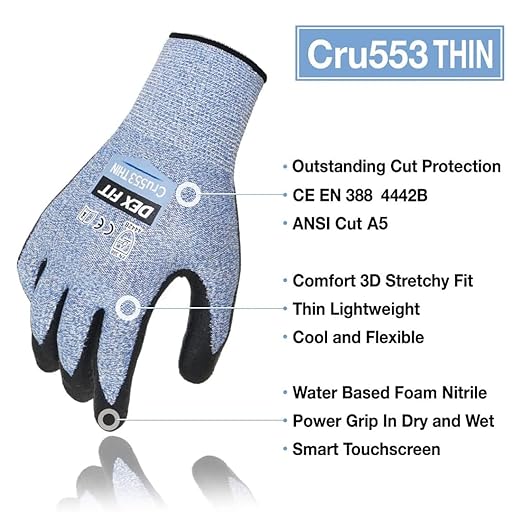 DEX FIT A5 Precision Cut Resistant Gloves Cru553 Thin - 1 Pair, Firm Grip, 3D-Comfort Fit, Lightweight & Durable, Nitrile Anti-Slip Palms,Touchscreen Compatible for Precision Assembly; Blue S (7)
