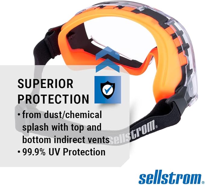 Sellstrom GM510 Safety Goggles - Anti-Fog, Anti-Scratch Eye Protection Goggles for Men & Women - FR Strap, Fits Over Most Glasses, ANSI Z87.1 - Clear Lens