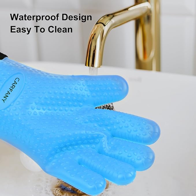 Heat Resistant Grilling Gloves for BBQ Silicone and Cotton Double-Layer Oven Mitts Waterproof Non-Slip Cooking Gloves (Blue)