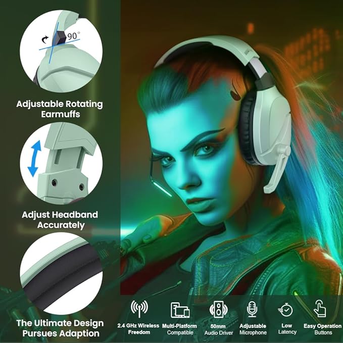 Wireless Gaming Headset with Noise Canceling Microphone for PS5, PC, PS4, 2.4G/Bluetooth Gaming Headphones with USB and Type-c Connector, Wired Mode for Controller (Green)