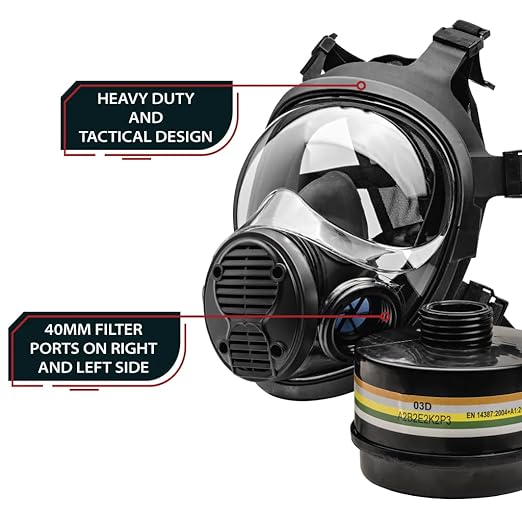 NB-100 Dark Amber Full Face Tactical Gas Mask Respirator - Gas Masks Survival Nuclear and Chemical Military Grade with A2B2E2K1P3 R 40mm Canister Filter, Compatible with Hazmat Suit, EN136:1998 CL2