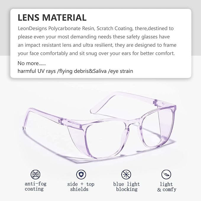 Anti-Fog Safety Glasses for Women | ASIN Z87.1 Safety Glasses for Men | Blue Light Blocking Safety Goggles (Square lilac)