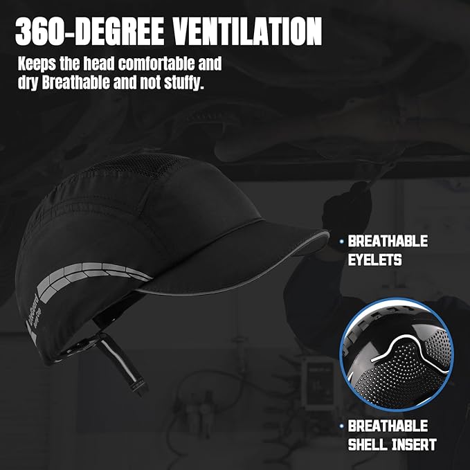 Lightweight Bump Cap with Reflective Stripes, Breathable Baseball Cap Style, Head Protection Hard Hat for Men Women