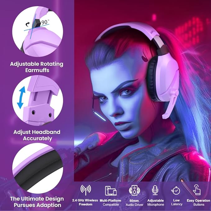 Wireless Gaming Headset with Noise Canceling Microphone for PS5, PC, PS4, 2.4G/Bluetooth Gaming Headphones with USB and Type-c Connector, Wired Mode for Controller (Purple)