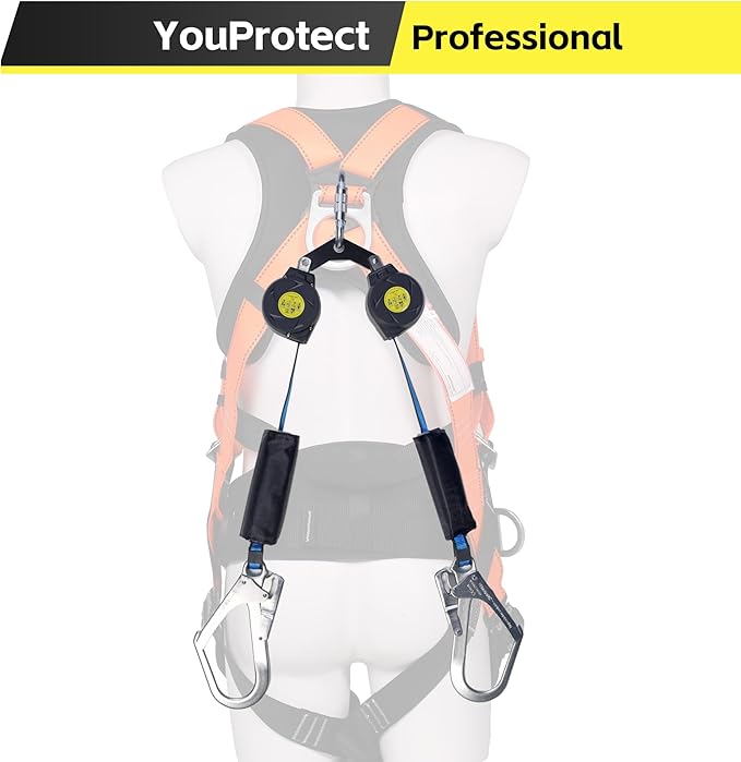 6 FT Dual Leg Self-Retracting Lifeline Web Lanyard Retractable, 2.36 inch Gate Opening Twin Steel Locking Hooks, Double Yoyo, Shock Absorber | Fall Protection OSHA & ANSI Compliant SRL