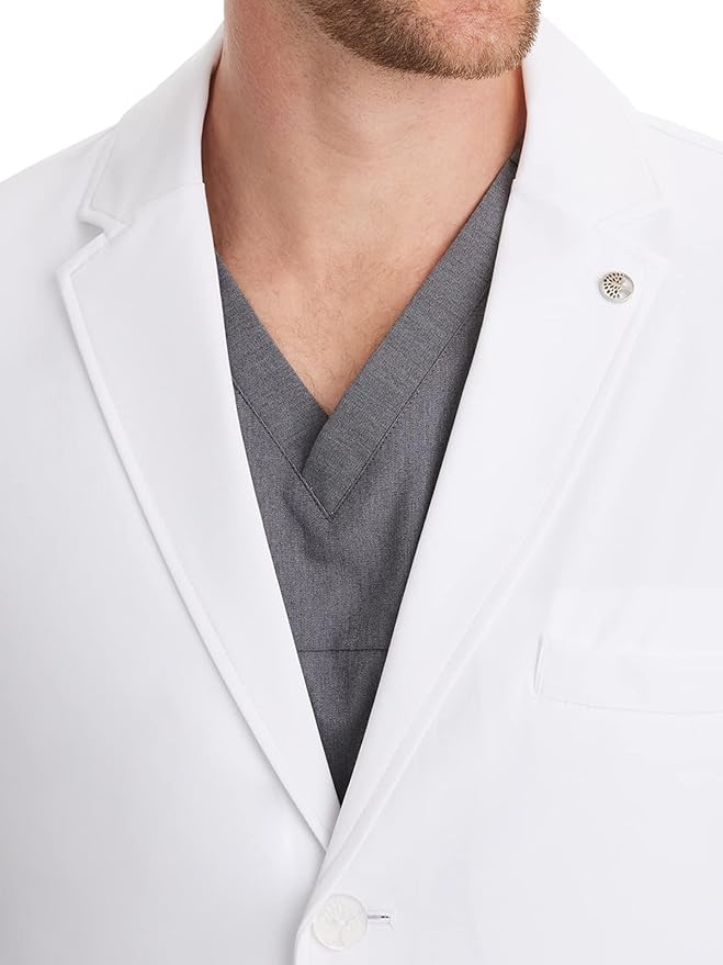 Healing Hands Logan Men’s White Lab Coat with 5 Pockets, Knit Details & Side Slits Back length 34½" 360° Stretch 5100