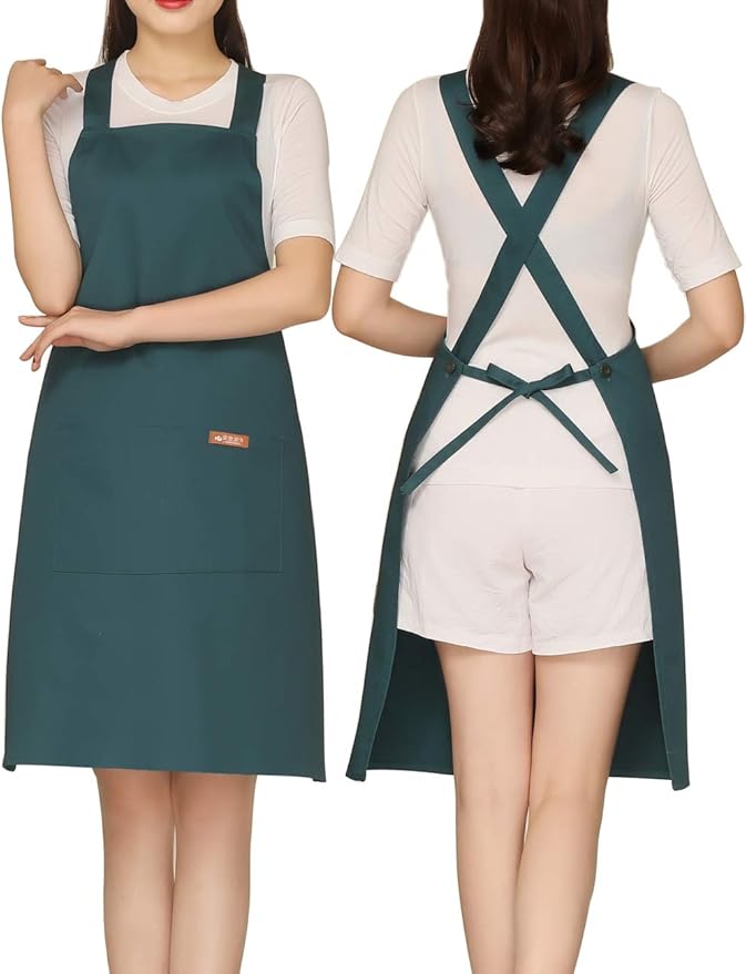 NEWGEM Adjustable Kitchen Apron with 2 Pockets 100% Cotton for Women,Chef,Waitress,Hairstylist Fits for Grill,bbq,Paint (Dark Green)