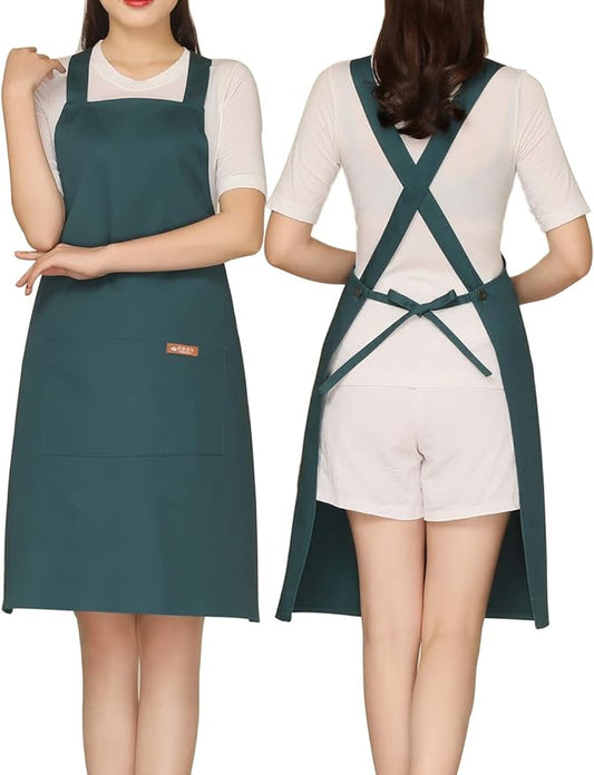 NEWGEM Adjustable Kitchen Apron with 2 Pockets 100% Cotton for Women,Chef,Waitress,Hairstylist Fits for Grill,bbq,Paint (Dark Green)