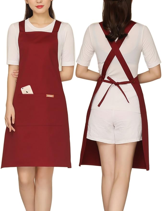 NEWGEM Adjustable Painting Apron with 2 Pockets Cotton for Cobbler,Adult,Butcher,Hairstylist Fits for Grill,bbq,Paint Cross Red wine
