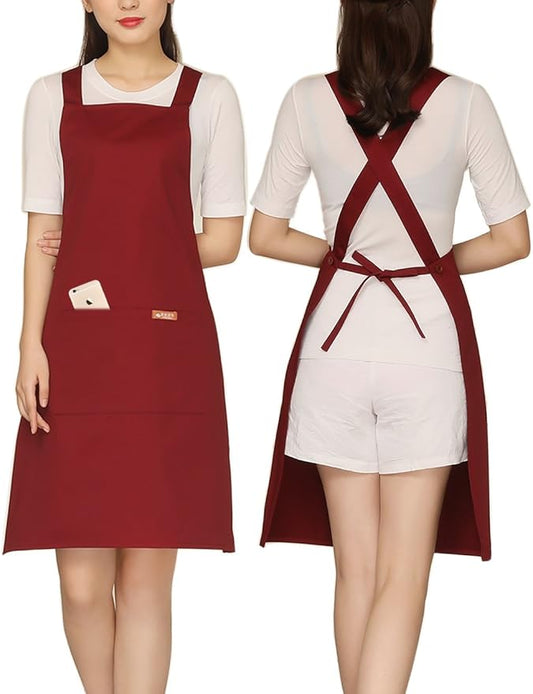 NEWGEM Adjustable Painting Apron with 2 Pockets Cotton for Cobbler,Adult,Butcher,Hairstylist Fits for Grill,bbq,Paint Cross Red wine