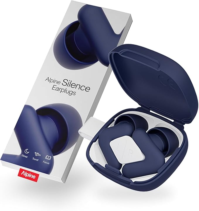 Alpine Silence Earplugs for Sleep, Focus & Travel - V-Shape Fit & Soft Oval Tips – 4 Sizes XS/S/M/L - Comfortable, Reusable Hearing Protection - 22dB – Midnight Blue