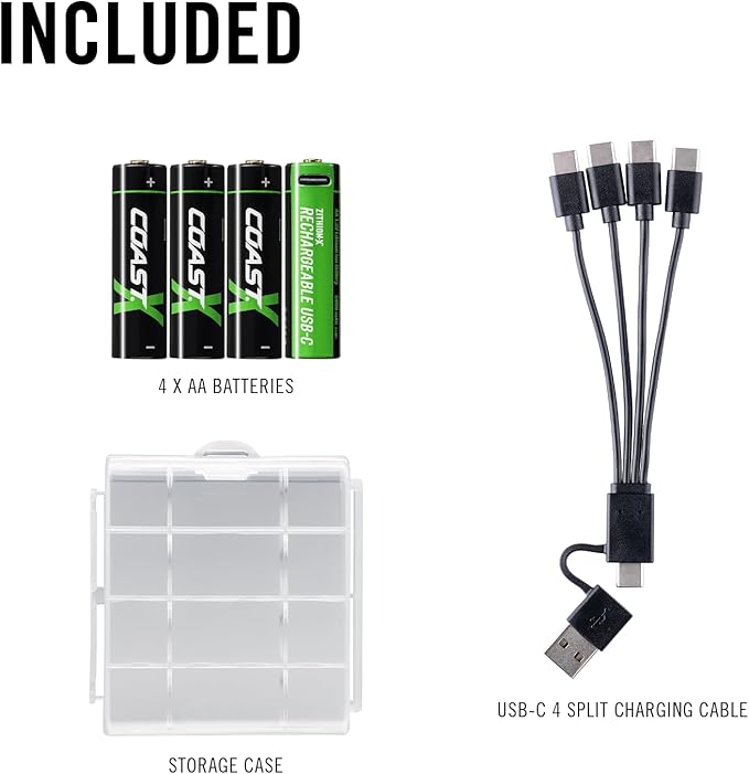 Coast AA USB-C Rechargeable Batteries, ZITHION-X, Lithium Ion 1.5v 2400 mAh, Long Lasting, Charges Under 2.5 Hours, Charging Cable Included, 4-Battery Pack