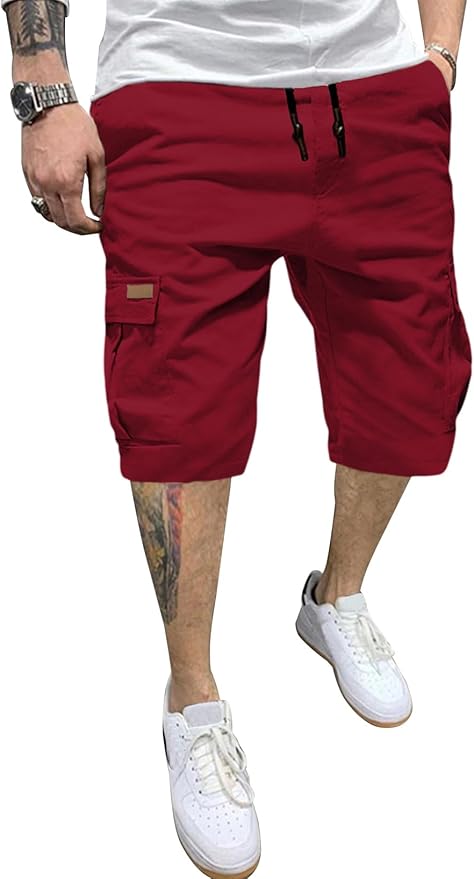 JMIERR Mens Casual Twill Cargo Shorts Cotton Drawstring Classic Cargo Stretch Short with 6 Pockets