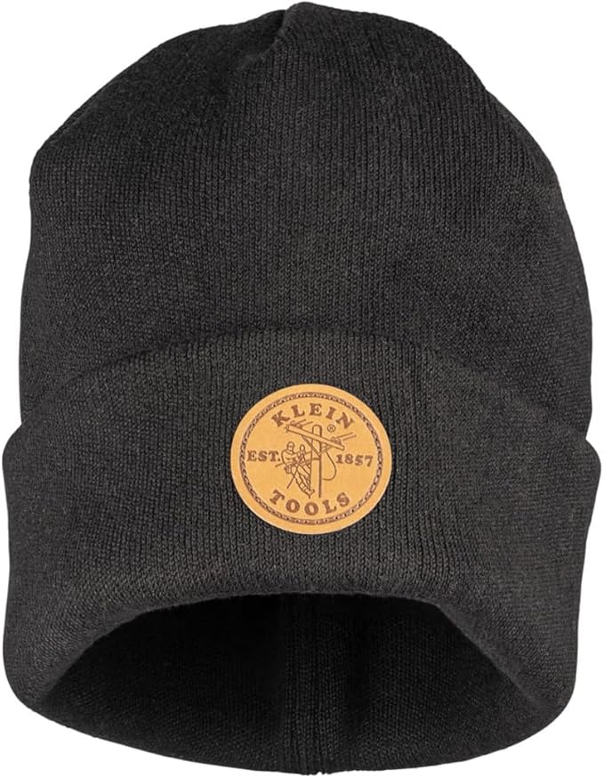 Klein Tools 60569 Heavy Knit Hat with Wide Cuff, Black, One Size Fits Most, Leather Logo