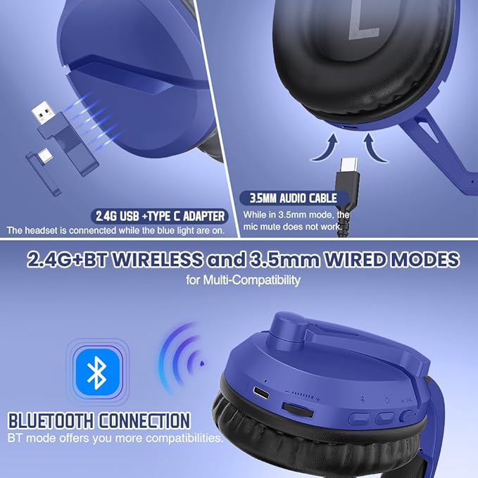 Wireless Gaming Headset with Noise Canceling Microphone for PS5, PC, PS4, 2.4G/Bluetooth Gaming Headphones with USB and Type-c Connector, Wired Mode for Controller - Navy Blue