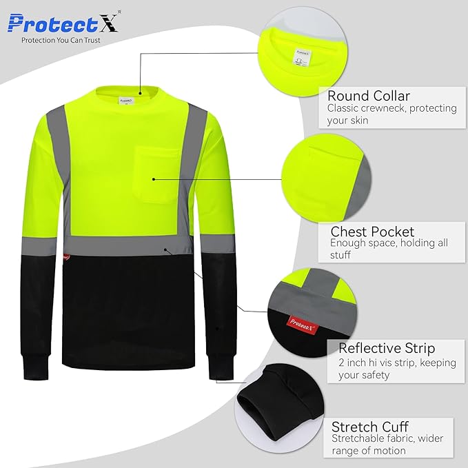 ProtectX High Visibility Shirts Hi Vis Long Sleeve Shirts for Men Women Reflective Class 2 Safety Shirts 2 Pack