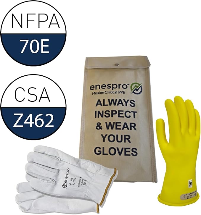 Enespro Class 00 Yellow Rubber Voltage Insulating Glove Kit with Leather Protectors, Max. Use Voltage 500V AC/ 750V DC, (KITGC00Y09)
