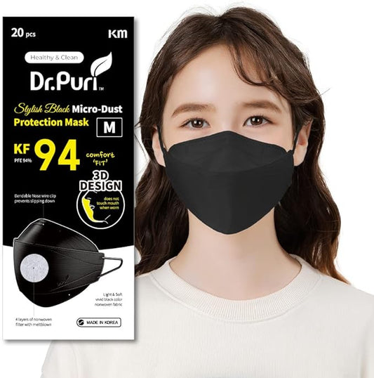 [20 Pack] New Micro-Dust Protection Face Premium Mask (KF94) Black Medium